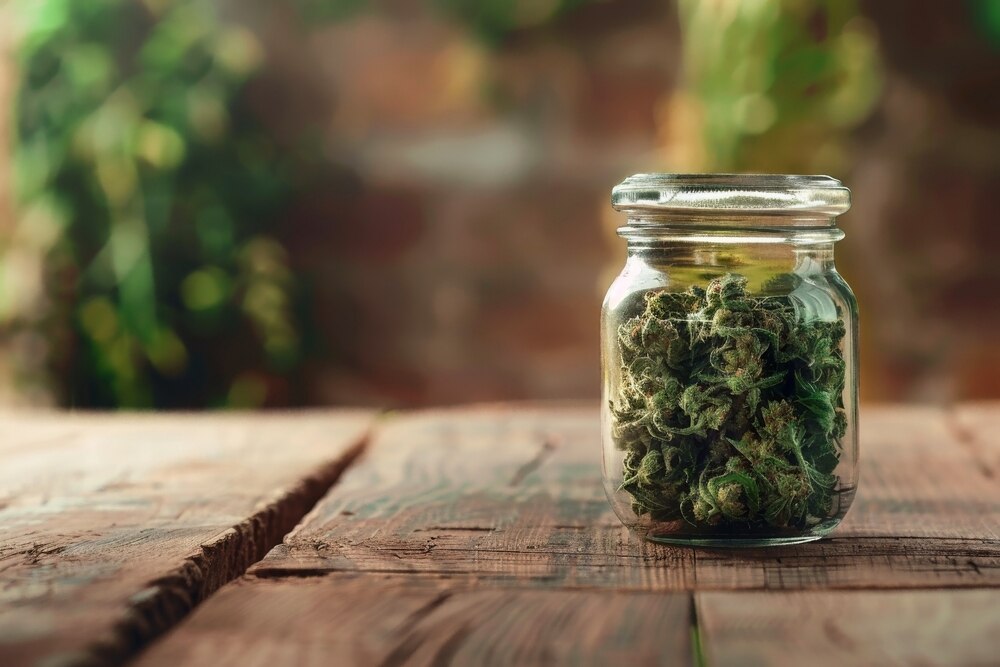 a quarter of weed sealed up in a glass jar on a bench